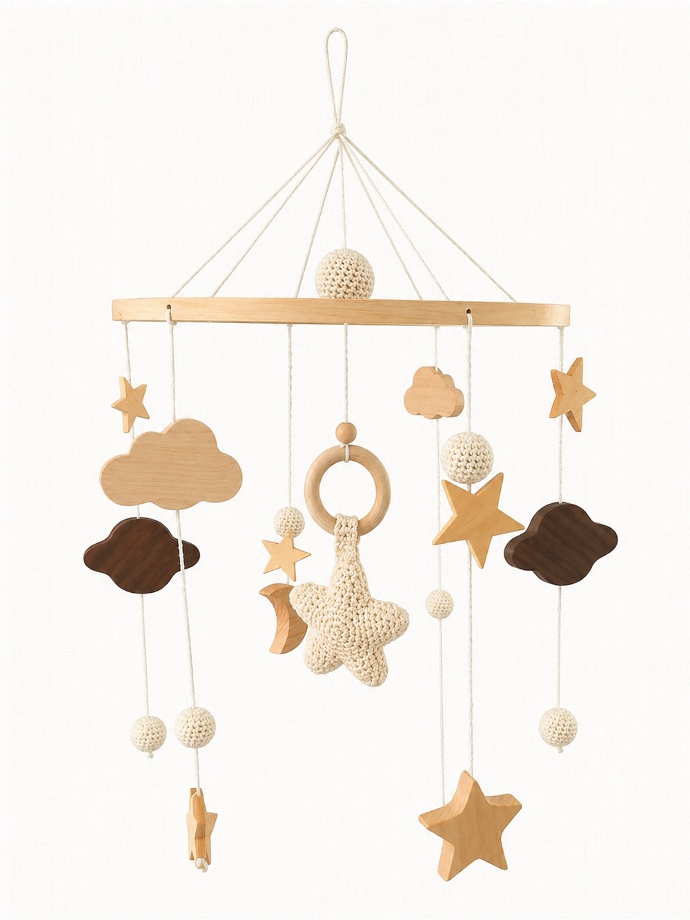 Wood and Crochet Star & Cloud Nursery Mobile - Neutral Beige and Brown